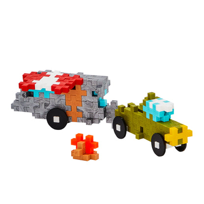 Tube - Travel Trailer: gray camper trailer and olive car builds with a campfire