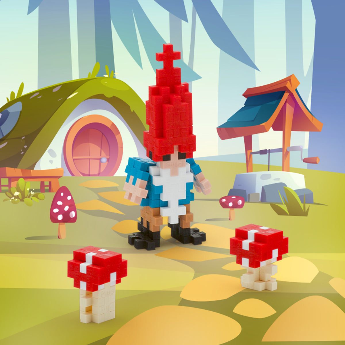 Tube - Gnome: red-hat gnome build with mushrooms in an illustrated forest
